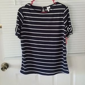 Navy blue striped tshirt with bows on the sleeves!